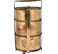 Brass Tiffin Box With Three Tier Disc Frame And Latch on The Top Container