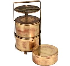 Brass Tiffin Box With Three Tier Disc Frame And Latch on The Top Container