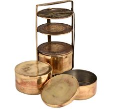 Brass Tiffin Box With Three Tier Disc Frame And Latch on The Top Container