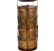 Old Brass Tiffin Box With Four Compartment And A Thick Disc Frame And Lock