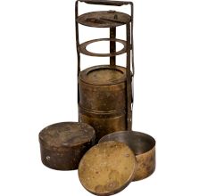 Old Brass Tiffin Box With Four Compartment And A Thick Disc Frame And Lock