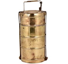 Brass Tiffin Box Four Level Container wit thick Metal Frame Handle