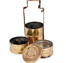 Brass Tiffin Box Four Level Container wit thick Metal Frame Handle