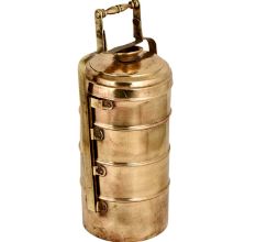 Handmade Brass Tiffin Box Four Container Thick Metal Frame Knob