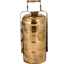 Handmade Brass Tiffin Box Four Container Thick Metal Frame Knob