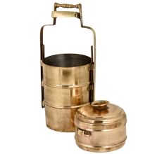 Handmade Brass Tiffin Box Four Container Thick Metal Frame Knob