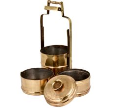 Handmade Brass Tiffin Box Four Container Thick Metal Frame Knob