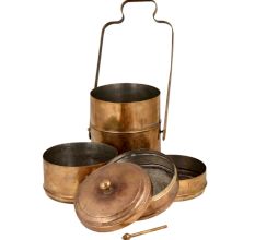 Brass Lunch Box With Four Container Knob Finial and Screw Fasteners Lock