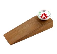 White Red Floral Crackle Ceramic Wooden Door Stopper