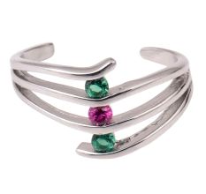 92.5 Sterling Silver Toe ring Layered Design Studded With  Green Onyx and Pink Tourmaline stones (Pair)