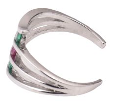 92.5 Sterling Silver Toe ring Layered Design Studded With  Green Onyx and Pink Tourmaline stones (Pair)