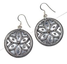 92.5 Sterling Silver Earrings Round Floral Design Filigree Work