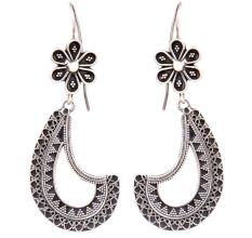 Oxidized 92.5 Sterling Silver Earrings Tribal Cut Engraved bands Dangler For Women