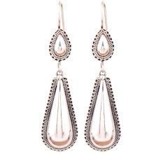 Long Tear Drop 92.5 Sterling Silver Earrings  With Tribal Engraved Pearl Shape Stud