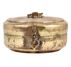 Round Brass Tiffin Box Engraved With Delicate Design With Handle And Latch