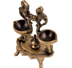 Majestic Oil Lamp  Twin Diya And Peacock Figurines On Stand