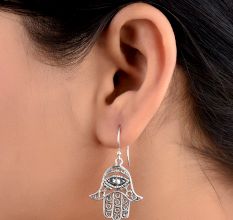 Hamsa Hand 92.5 Sterling Silver Earrings Evil Eye Engraved Earrings