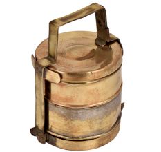 Brass Tiffin Box With Two Containers And Metal Frame