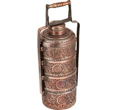 Copper Tiffin Box Four containers With Big Flower And Leaves Engraved Tiffin Box