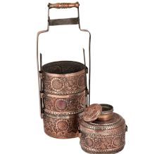 Copper Tiffin Box Four containers With Big Flower And Leaves Engraved Tiffin Box