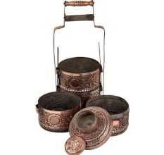 Copper Tiffin Box Four containers With Big Flower And Leaves Engraved Tiffin Box