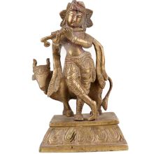 Brass Standing Krishna Statue With His Cow And Flute