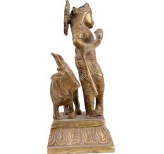 Brass Standing Krishna Statue With His Cow And Flute
