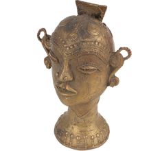 Brass Tribal Lady Head Statue With Jewellery And Stylish Bun
