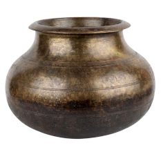 Brass Pot With Broad Base Small Mouth And Patina