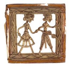Brass Dhokra Art Hanging Of A Couple Holding A Weapon