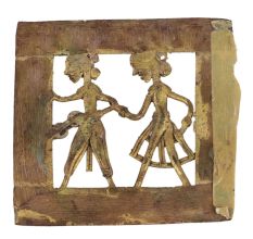 Brass Dhokra Art Hanging Of A Couple Holding A Weapon
