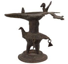 Brass Oil Lamp From Orissa Work Bird Figurines