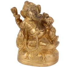Brass Ganesha Statue Sitting With Modak In Hand