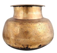 Brass Carved Pot Round Shape Thick Neck And Mouth