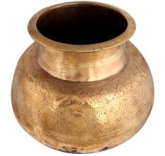 Brass Carved Pot Round Shape Thick Neck And Mouth