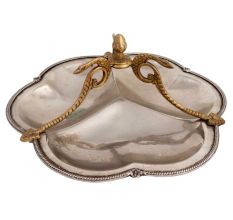 Silver Metal Serving Dish With Golden Snake Handles