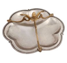Silver Metal Serving Dish With Golden Snake Handles