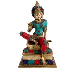 Brass Indian Goddess Statue With Multi Color Stones Inlay Work