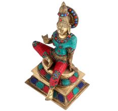Brass Indian Goddess Statue With Multi Color Stones Inlay Work