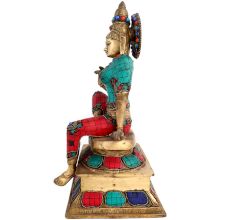 Brass Indian Goddess Statue With Multi Color Stones Inlay Work