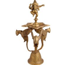 Brass Diya Dancing Ganesha On Three Peacock Stand
