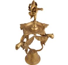 Brass Diya Dancing Ganesha On Three Peacock Stand