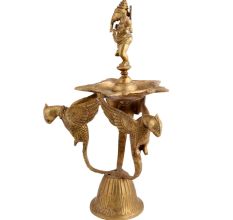 Brass Diya Dancing Ganesha On Three Peacock Stand