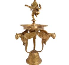 Brass Diya Dancing Ganesha On Three Peacock Stand
