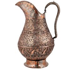 Copper Tinned Islamic Jug With Carved Flowers and Leaves