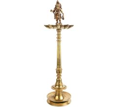 Brass 9 Wick Oil Lamp Ganesha Figurine On Pedestal  Stand