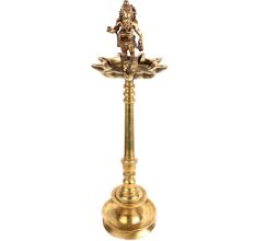 Brass 9 Wick Oil Lamp Ganesha Figurine On Pedestal  Stand