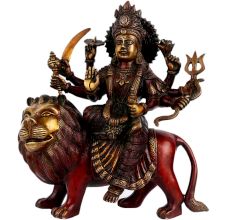 Exquisite Red Brass Goddess Durga On A Lion