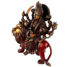Exquisite Red Brass Goddess Durga On A Lion
