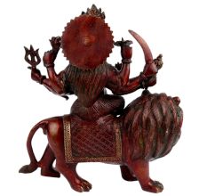 Exquisite Red Brass Goddess Durga On A Lion